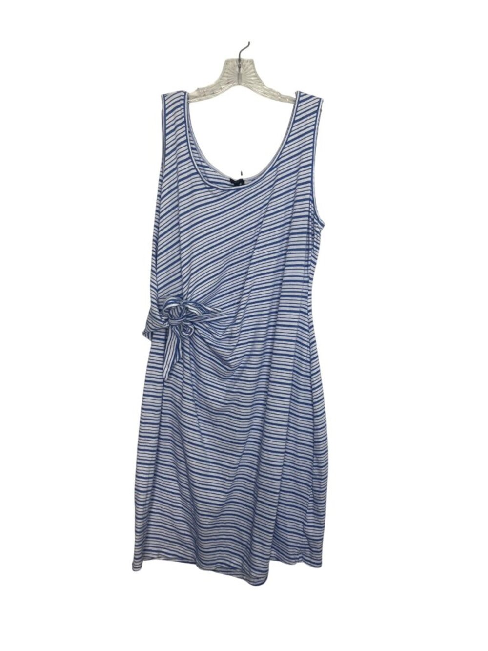 Talbots Plus Sleeveless Dress Waist Tie 1X Blue White Striped Cotton Sundress